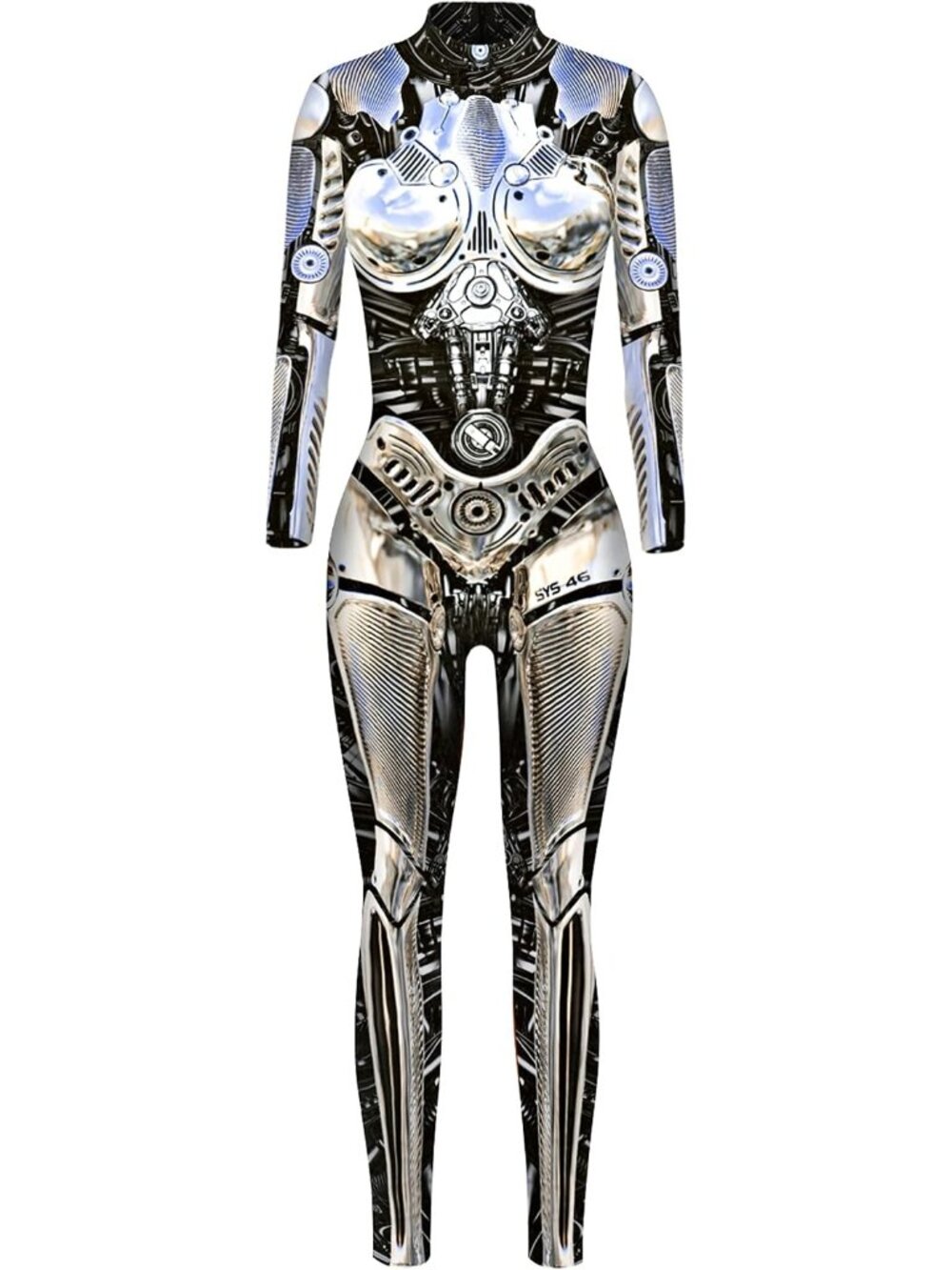 Women Silver Metallic Cyborg Robot Print Long Sleeve Halloween Catsuit Bodycon